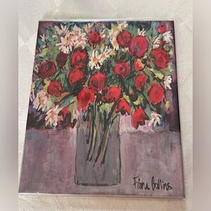 Fiona Collins Colorful 10" x 8" Tile Trivet ROSES Flowers In Blue Vase Signed